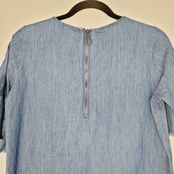 Krazy Kat Blue Chambray Flared Short Sleeve‎ Mini Dress With Frayed Hem. Size S - Picture 5 of 8
